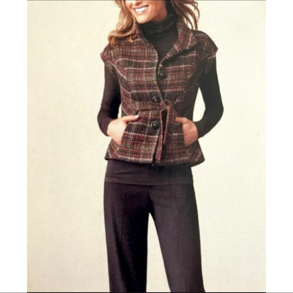 Cabi Womens Sz S Brown Plaid Cap Sleeve Tie Front Vest Jacket Wool Blend Pockets